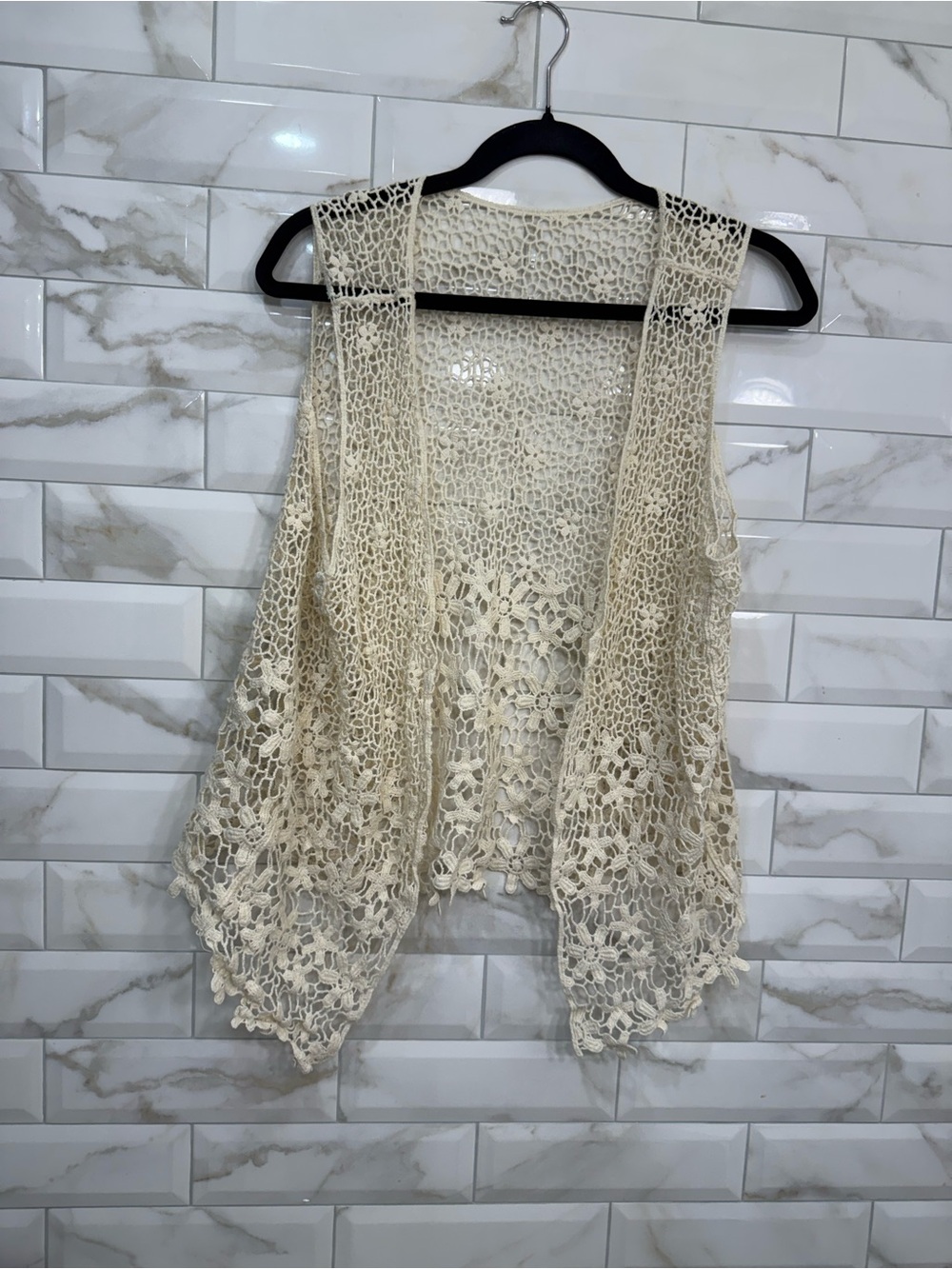 Cream Crochet Open-Front Tunic Vest